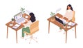 Isometric online education. Women sitting at computer, back and face view, pupil personal workplace, desktop with laptop