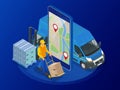 Isometric online Express, Free, Fast Delivery, Shipping concept. Checking delivery service app on mobile phone. Delivery Royalty Free Stock Photo