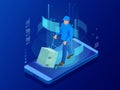 Isometric online Express, Free, Fast Delivery, Shipping concept. Checking delivery service app on mobile phone. Delivery Royalty Free Stock Photo