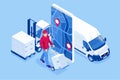 Isometric online Express, Free, Fast Delivery, Shipping concept. Checking delivery service app on a mobile phone