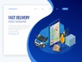 Isometric online Express, Free, Fast Delivery, Shipping concept. Checking delivery service app on mobile phone. Delivery Royalty Free Stock Photo