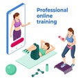 Isometric online fitness and training on smartphone. Distant training with personal trainer. Young fit woman in