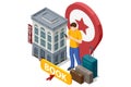 Isometric Online Hotel Booking Concept. Characters Planning Trip and Choosing Destination. People Booking Hotel and