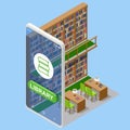 Isometric Online library app for reading, bookstores concept. E-learning from home online studying on smartphone. Royalty Free Stock Photo