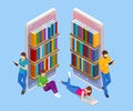 Isometric Online library app for reading, bookstores concept. E-learning from home online studying on smartphone. Royalty Free Stock Photo