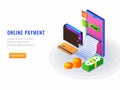 Isometric, online payment from app concept. Internet payments by