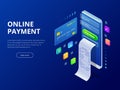 Isometric online payment online concept. Internet payments, protection money transfer, online bank vector illustration