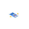 Isometric online payment mobile application. Vector illustration of golden coins with phone, digital interface and Royalty Free Stock Photo