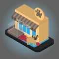 Isometric Online Pet shop with equipment. Smartphone with pet consultant service support. Mobile Veterinary phone app Royalty Free Stock Photo