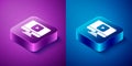 Isometric Online play video icon isolated on blue and purple background. Computer monitor and film strip with play sign