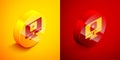 Isometric Online play video icon isolated on orange and red background. Computer monitor and film strip with play sign