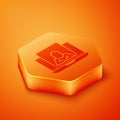 Isometric Online psychological counseling distance icon isolated on orange background. Psychotherapy, psychological help