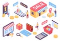 Isometric online shopping. Ecommerce mobile application for marketplace, shop discount and payment. Customers with bags