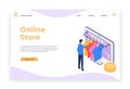 Isometric online shopping. Man choosing t-shirt in internet on desktop computer. Customer purchasing clothing in shop