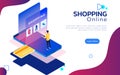 Isometric online shopping. Man stand on smartphone in front of a screen for customer application online shopping. Mobile shopping