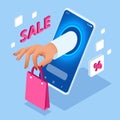 Isometric Online Shopping with Smartphone. E-commerce Shopping. Concept of mobile marketing and e-commerce. Royalty Free Stock Photo