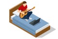 Isometric Online studying. Man is watching video tutorial, video classes how to play guitar. Classical Acoustic Six
