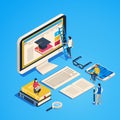 Isometric online teaching. Internet classroom, student learning at computer class. Online university graduate 3d vector
