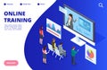 Isometric online video training, webinar vector illustration. Online education banner, landing page concept