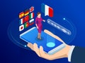 Isometric online voice translator and learning languages concept. E-learning, translate languages or audio guide