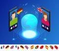 Isometric online voice translator and learning languages concept. Learning, translate languages or audio guide