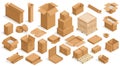 Isometric open boxes. Closed and open cardboard carton crates, square and rectangular packaging containers. Vector