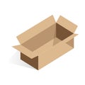 Isometric open cardboard box, rectangular empty distribution and delivery package