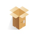 Isometric open empty cardboard box of rectangular shape with label