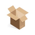 Isometric open empty cardboard box, unpacking delivery parcel