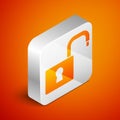 Isometric Open padlock icon isolated on orange background. Opened lock sign. Cyber security concept. Digital data Royalty Free Stock Photo