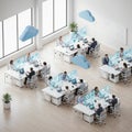 An isometric modern office workspace with employees collaborating around digital dashboards, laptops, and cloud connected screens Royalty Free Stock Photo