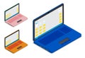 Isometric open portable laptop with Desktop. Modern technology. Modern portable devices. 3d vector on blue background