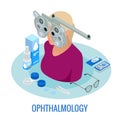 Isometric optometrist examining woman with a trial frame in ophthalmology clinic. Modern light ophthalmology clinic