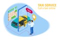 Isometric Ordering Online Taxi and Call a taxi online, mobile application concept for landing page. Street traffic