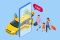 Isometric Ordering Online Taxi and Call a taxi online, mobile application concept for landing page. Street traffic