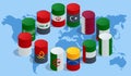 Isometric Organization of the Petroleum Exporting Countries, OPEC. Oil production. Oil barrels in color of flags of