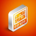 Isometric Oscilloscope measurement signal wave icon isolated on orange background. Silver square button. Vector