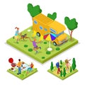 Isometric Outdoor Activity. Camping and Barbeque. Healthy Lifestyle and Recreation