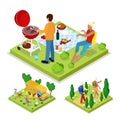 Isometric Outdoor Activity. Family Barbeque Grill and Camping. Healthy Lifestyle and Recreation