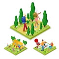 Isometric Outdoor Activity. Family Barbeque Grill and Camping. Healthy Lifestyle and Recreation