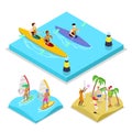 Isometric Outdoor Activity Kayaking, Surfing and Beach Volleyball. Healthy Lifestyle and Recreation