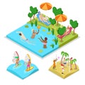 Isometric Outdoor Activity Water Polo, Surfing and Beach Volleyball. Healthy Lifestyle and Recreation