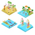 Isometric Outdoor Sea Beach Activity. Kayaking, Beach Volleyball, Surfing and Water Polo. Healthy Lifestyle and Recreation