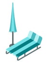 Isometric outdoor water pool design element. Creative chaise lounges and parasol umbrella. Summer vacation concept