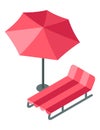 Isometric outdoor water pool design element. Creative chaise lounges and parasol umbrella. Summer vacation concept