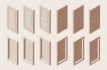 Isometric outline brown color set of interior doors with a box. Various foreshortening views