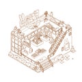 Isometric outline cafe interior. Cartoon coloring book page of 3d restaurant inside. Hand drawn illustration.