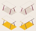 Isometric outline furniture collection. Yellow and pink office table with shadow. Vector set in various foreshortening views