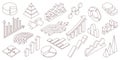 Isometric outline graphs. Data analysis charts, visual business statistics, diagram, pies, bars and arrows design, isolated
