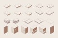 Isometric outline set of books, stacks of papers, folders